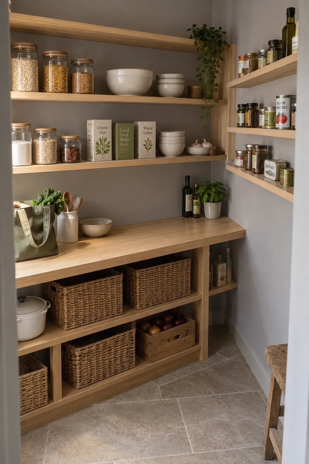 L shaped pantry shelves with a short return and accessible straight storage runs