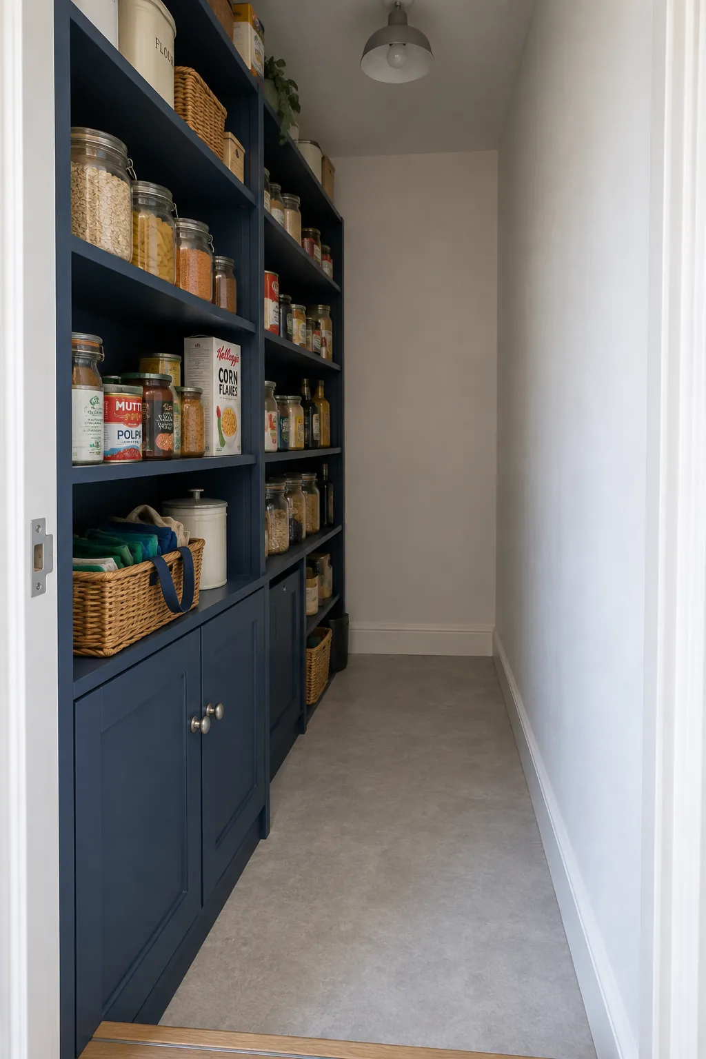 Single wall pantry layout with storage on one side and an open aisle