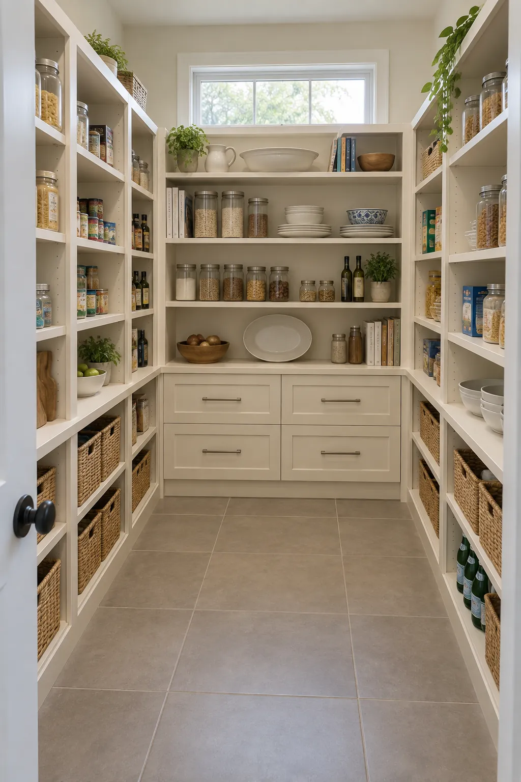 U shaped pantry with three storage walls and a clear center