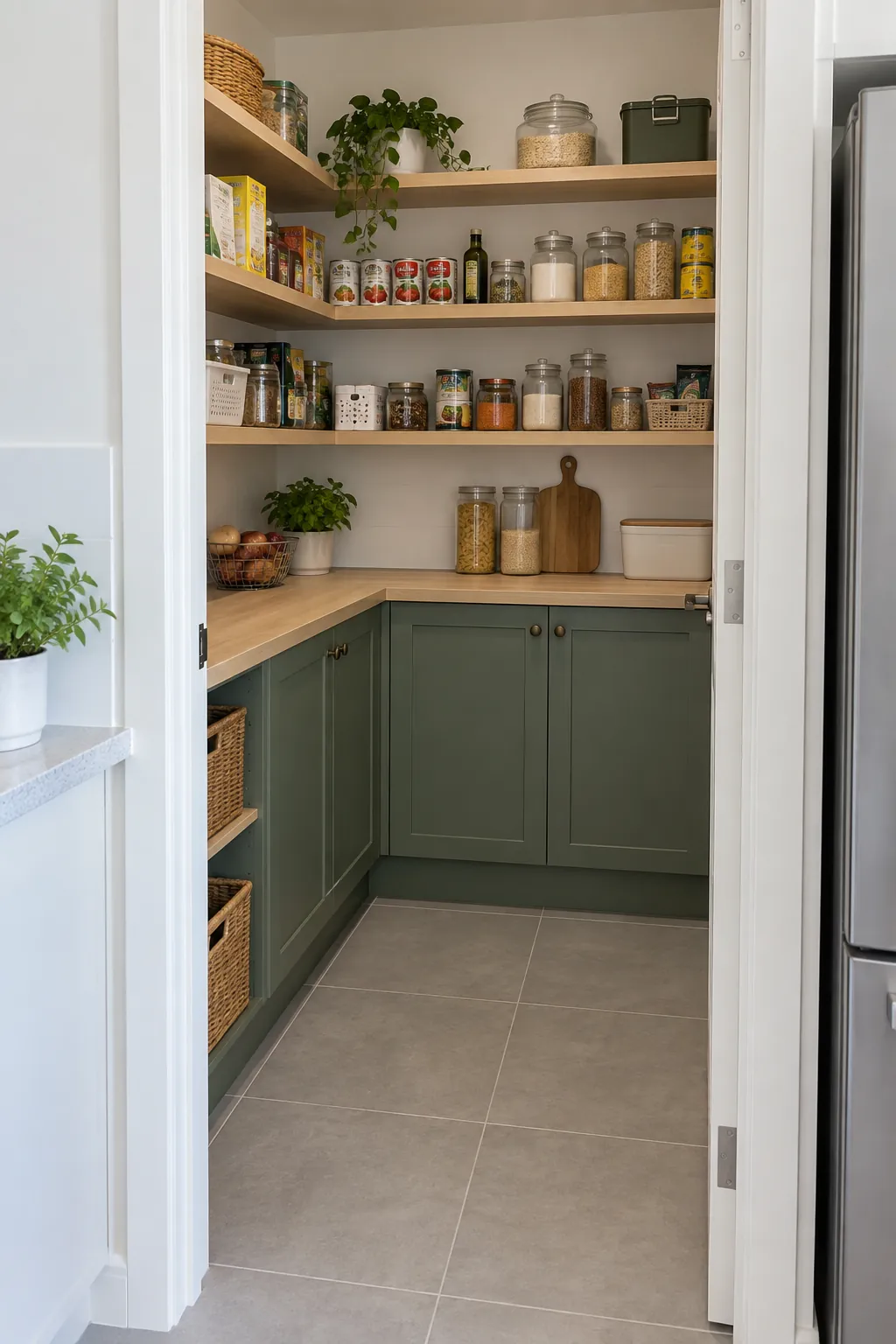 Walk in pantry layout with an open entrance and L shaped storage