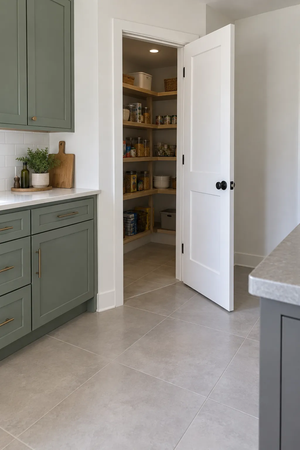 Corner pantry entrance positioned beside a clear kitchen walking route
