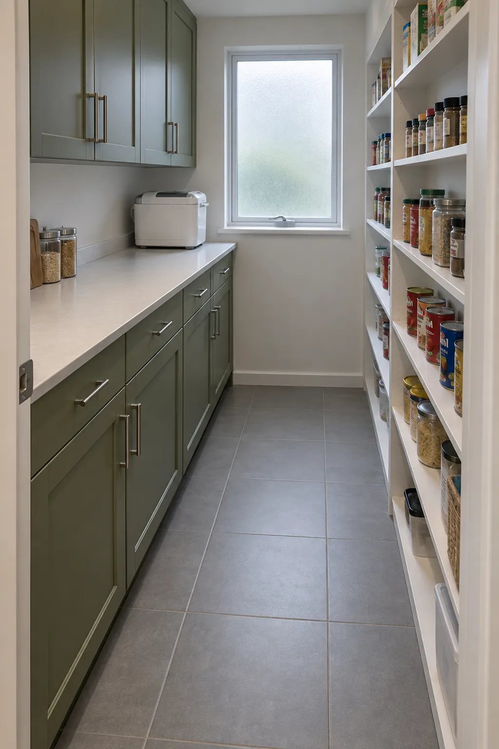 Galley pantry with deeper cabinets facing shallow food shelves