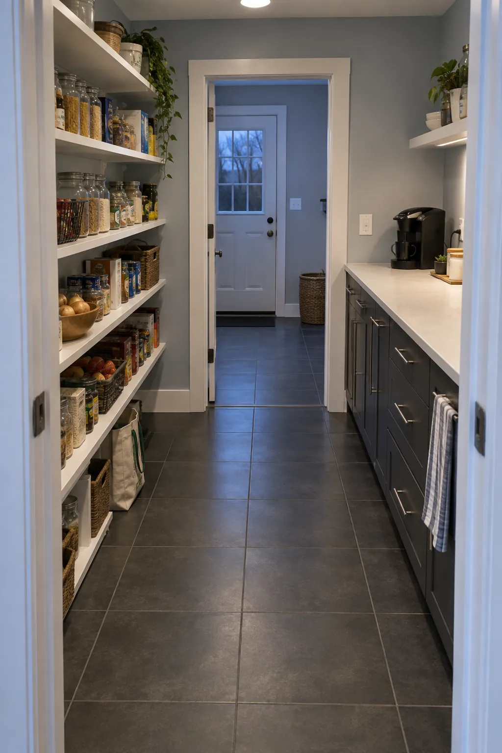 Walk through pantry with two doorways and storage beside a clear route