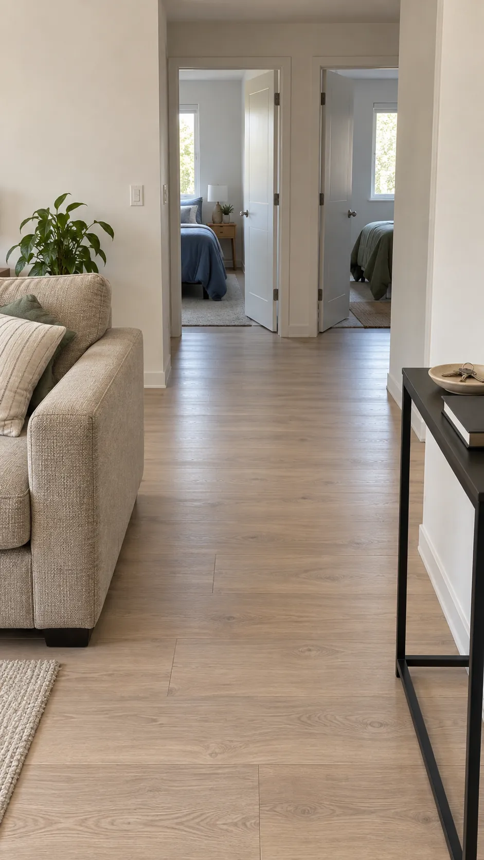 Clear route from the shared living room to two bedroom doors