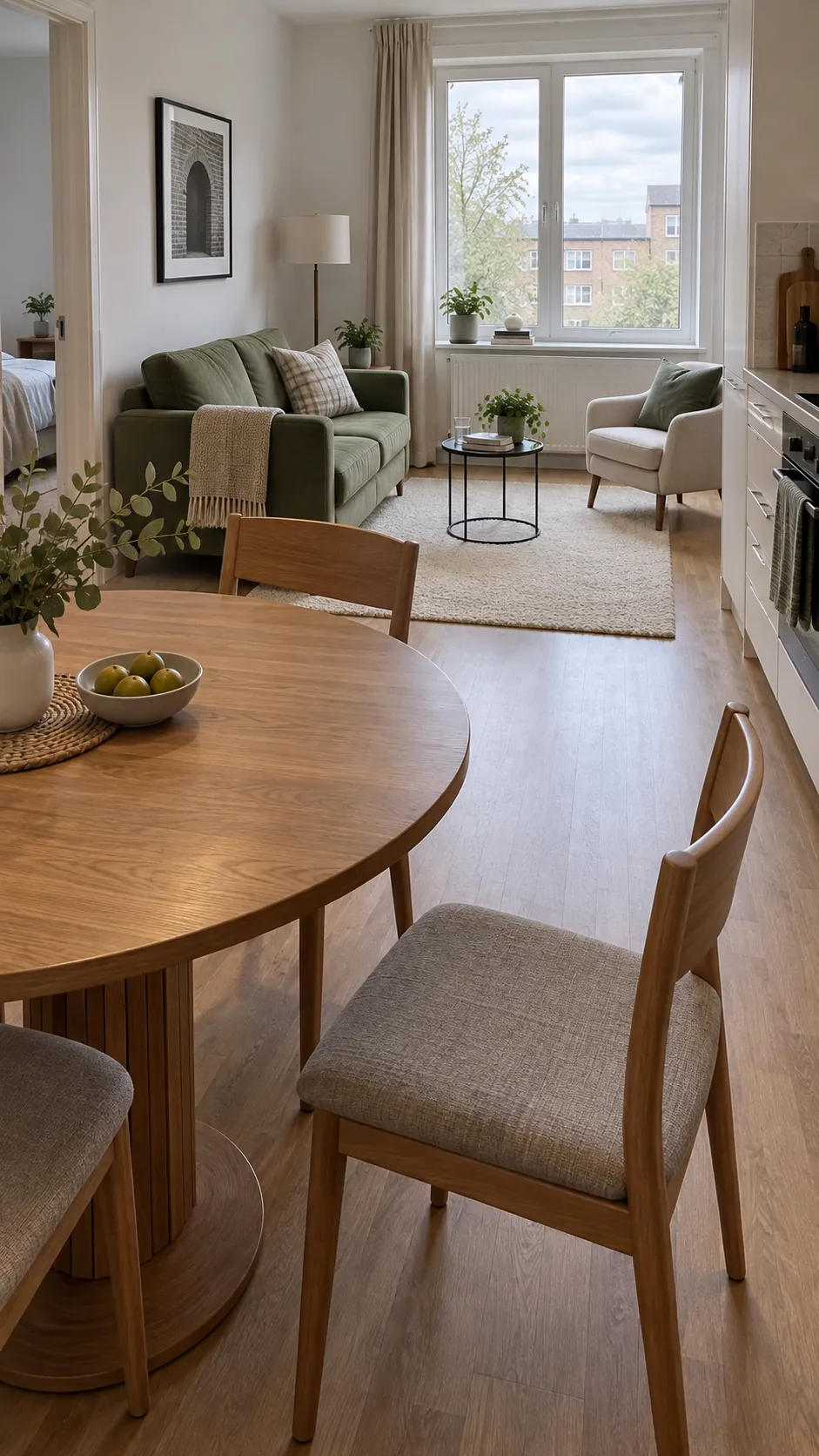 Compact round dining table beside a green sofa in a shared living area