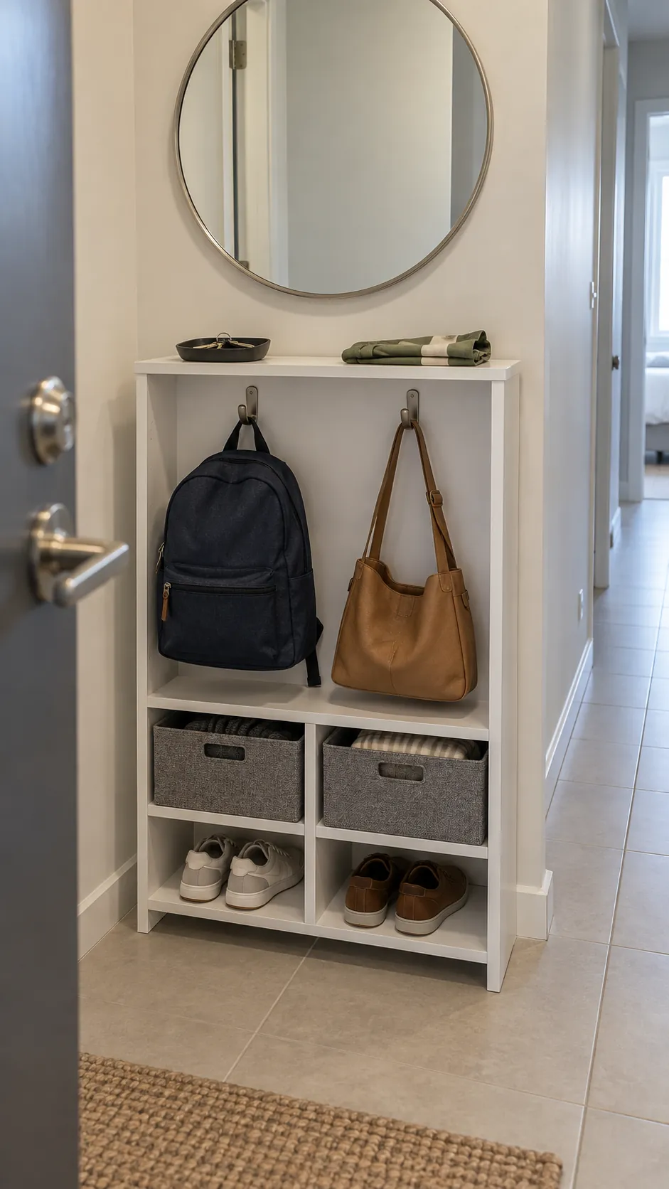 Shared entry cabinet with separate places for two occupants belongings