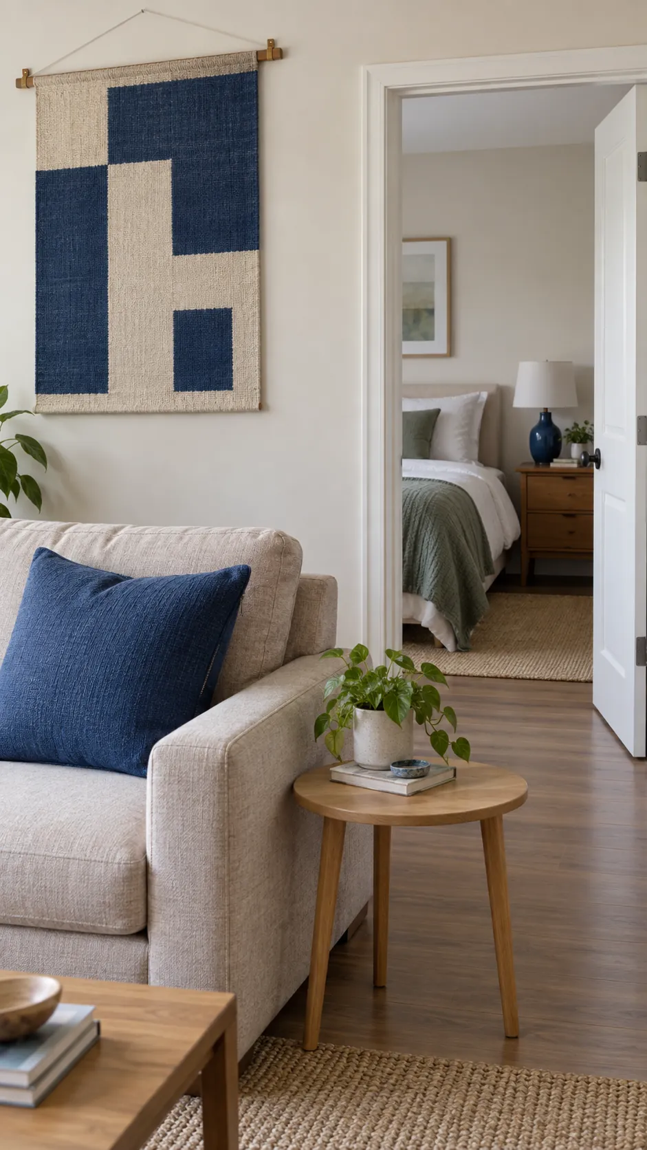 Blue accents connecting a living room and bedroom through a doorway