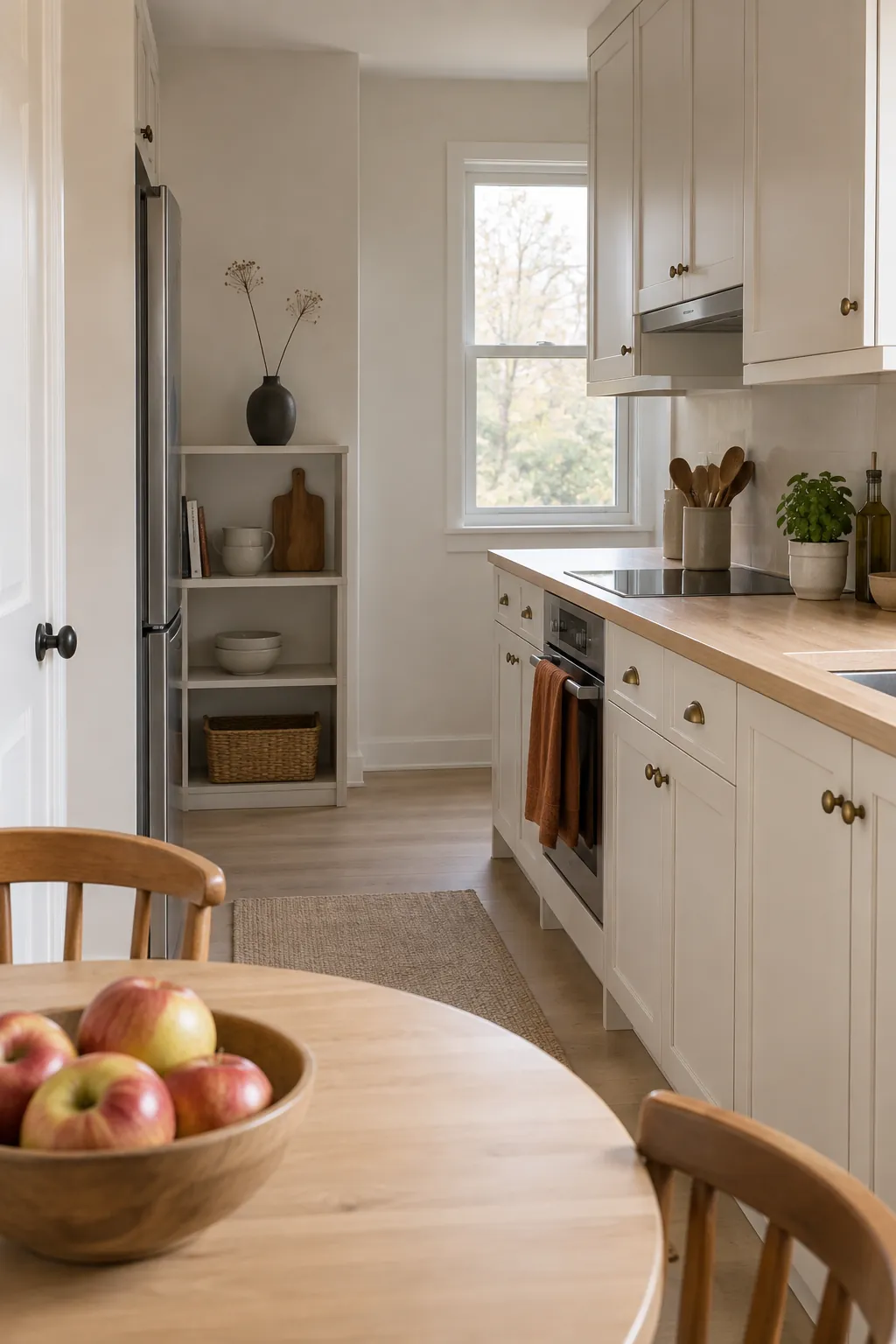 Simple autumn kitchen with clear counters and a bowl of apples