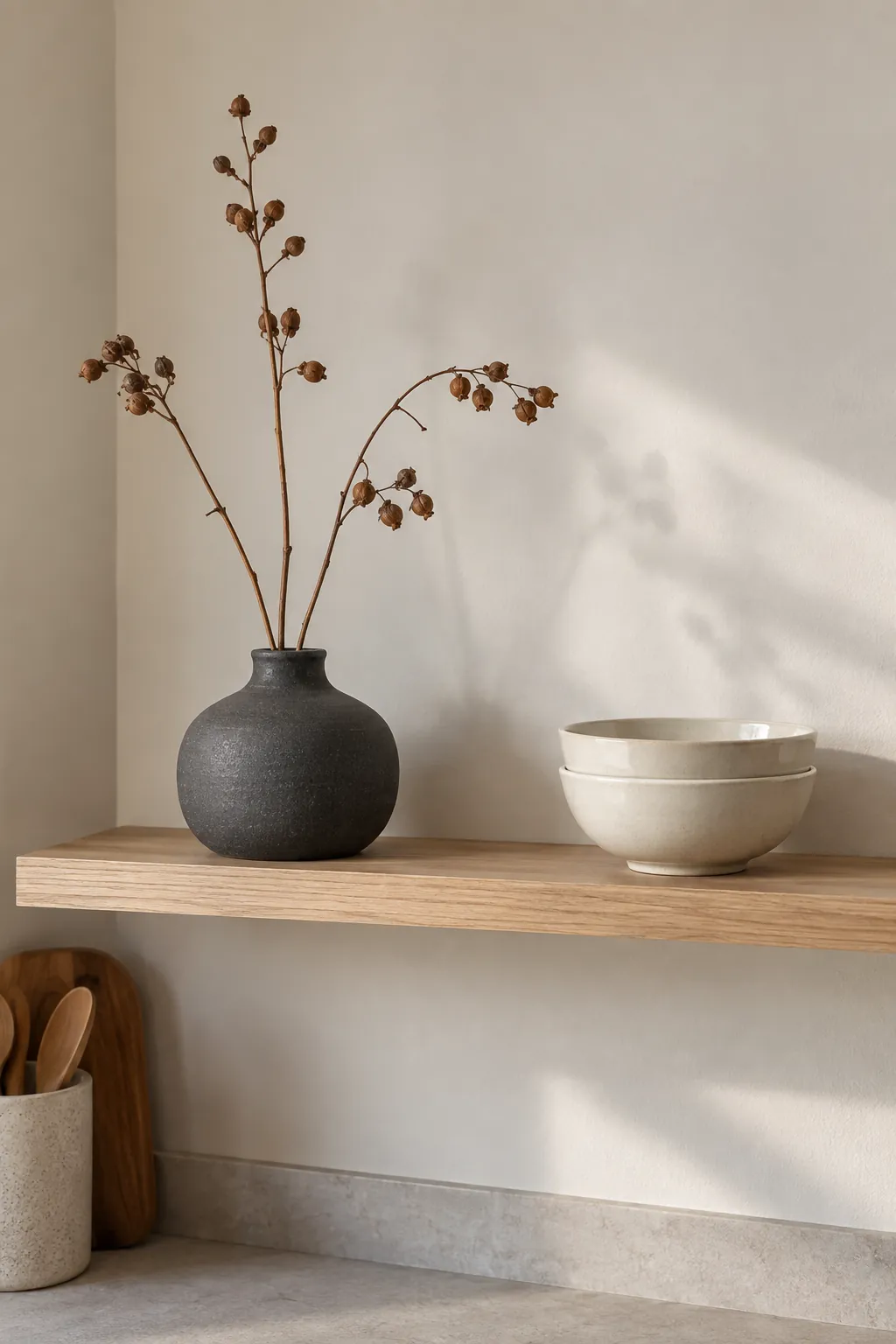 Bring height to a shelf with just a few stems with simple fall kitchen decor