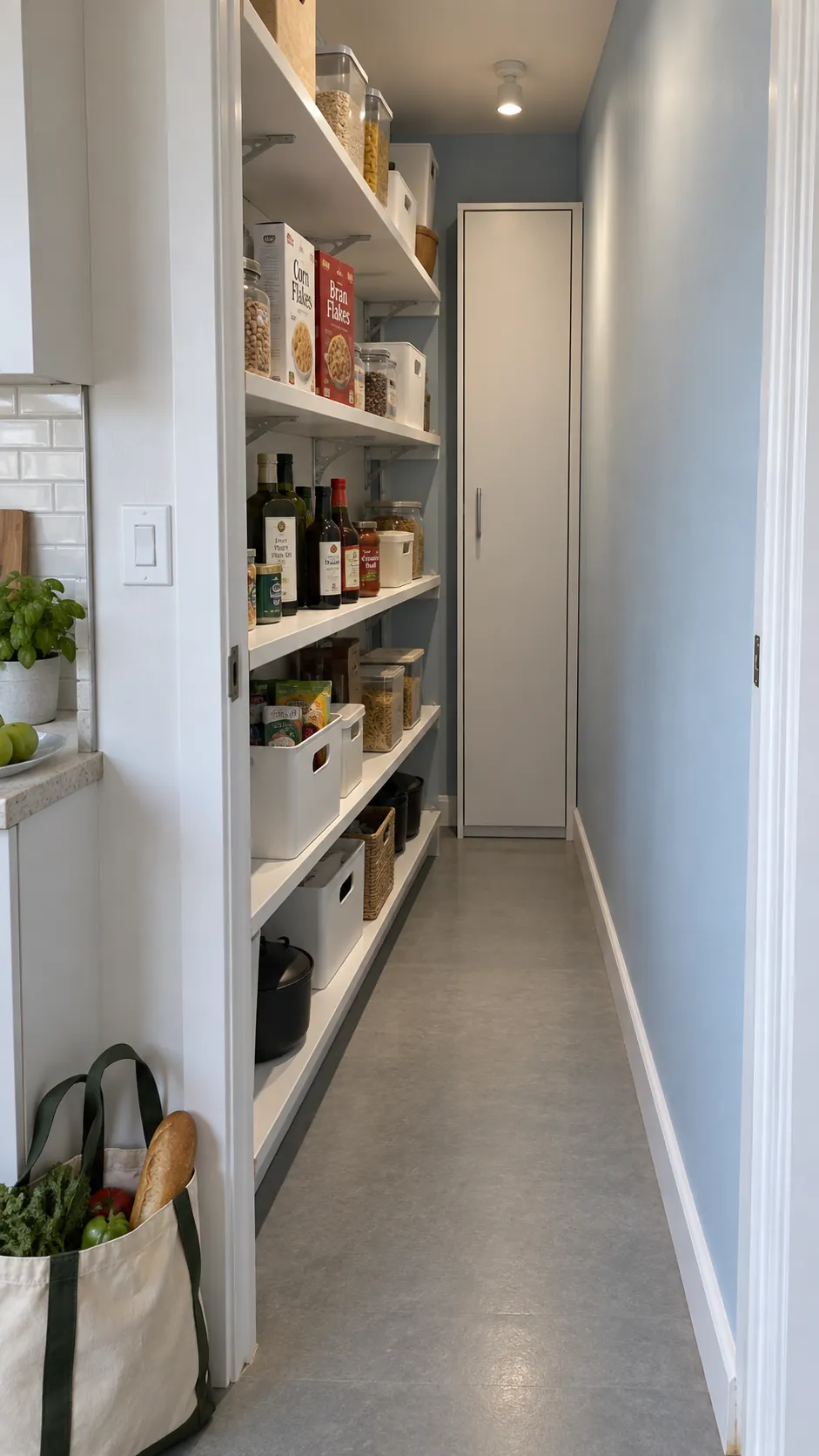Narrow pantry with one wall of storage and a clear passage