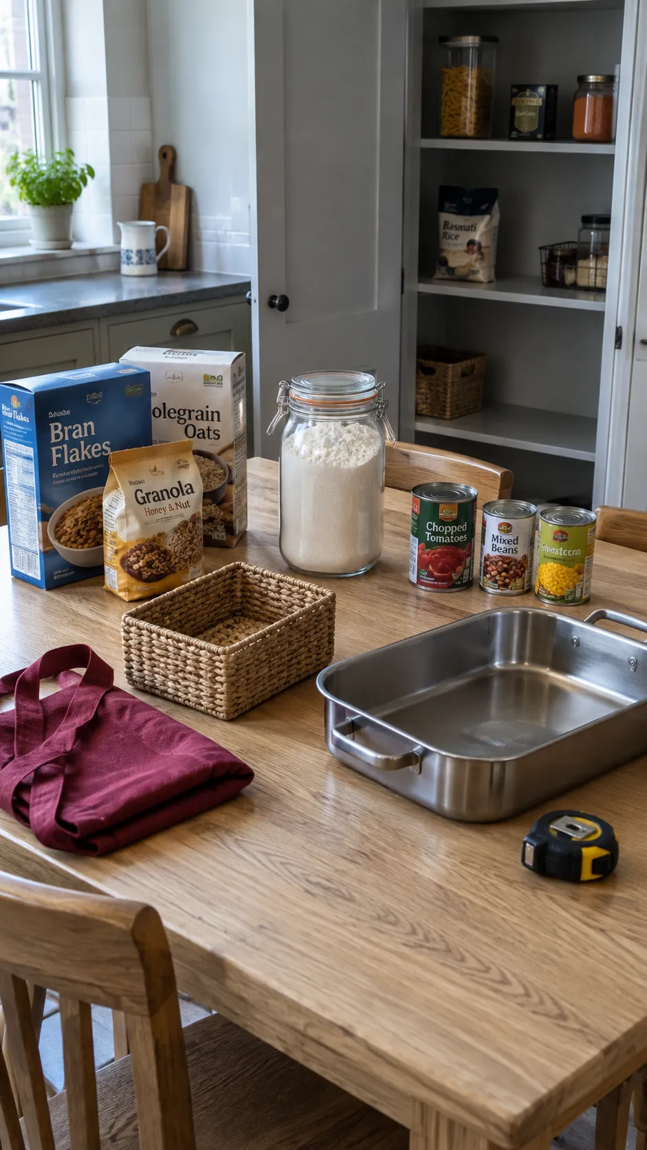 Groceries grouped on a kitchen table before a pantry remodel