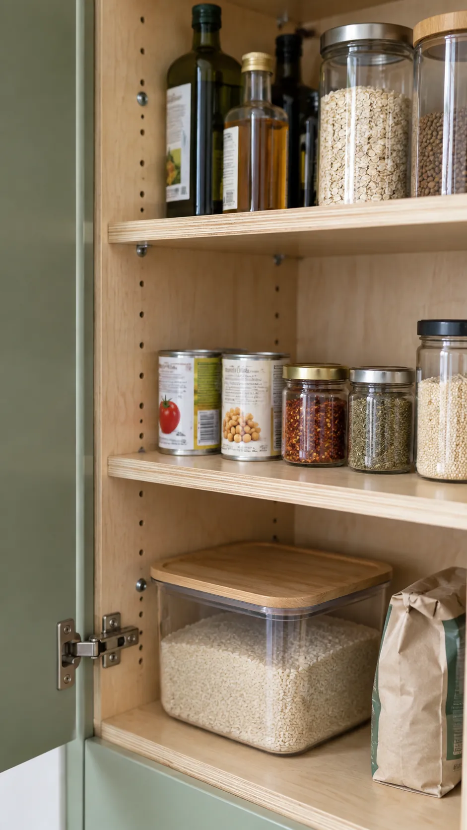 Adjustable pantry shelves storing single rows of everyday ingredients
