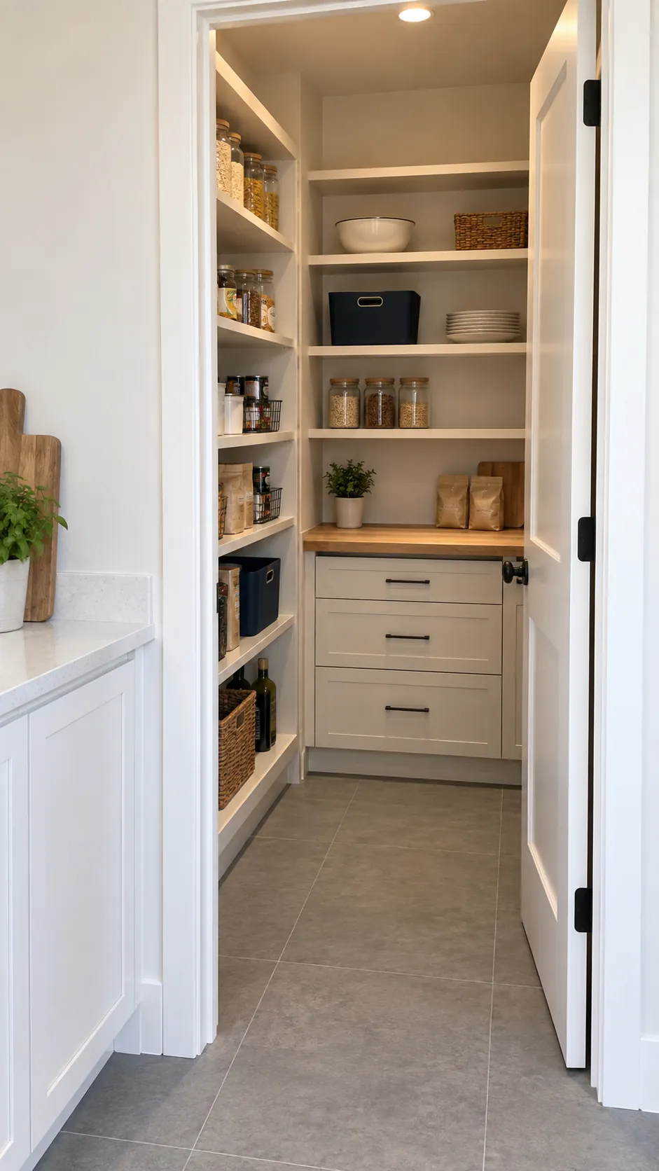 Remodeled pantry with accessible shelves and a clear walkway