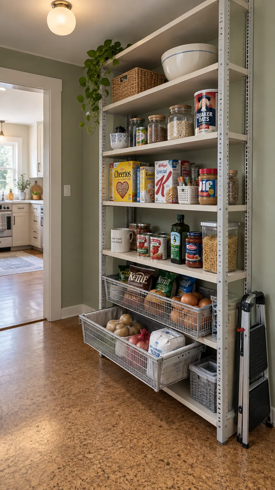 Finished pantry with everyday groceries and adjustable storage zones