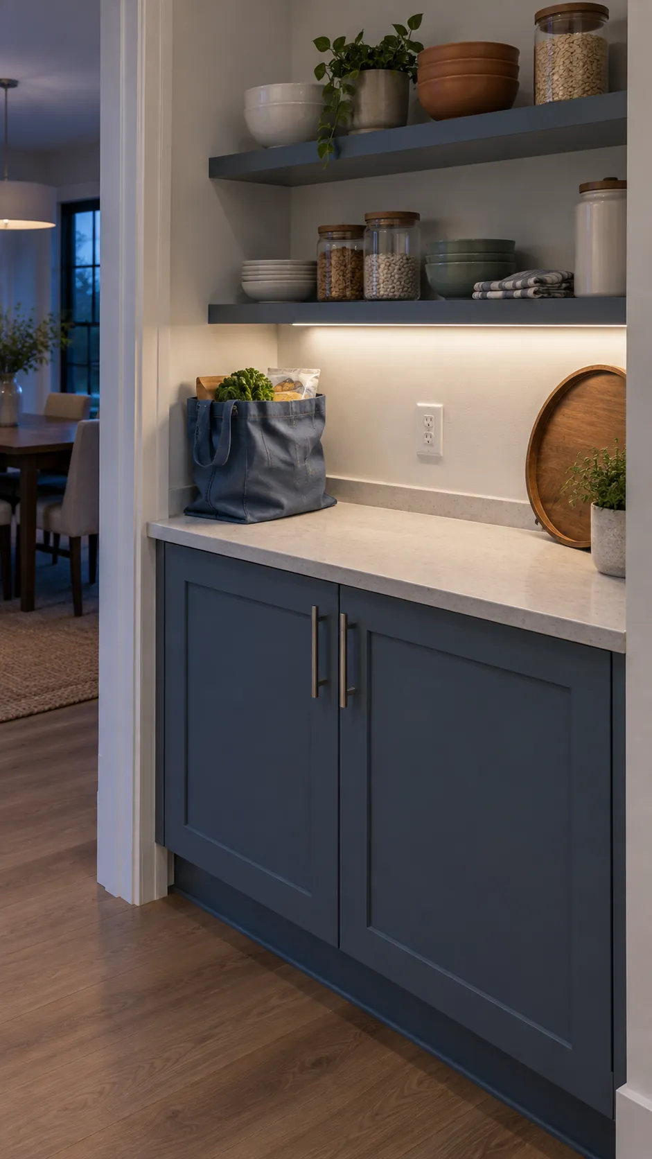 Small pantry worktop with a grocery landing space and shelf lighting
