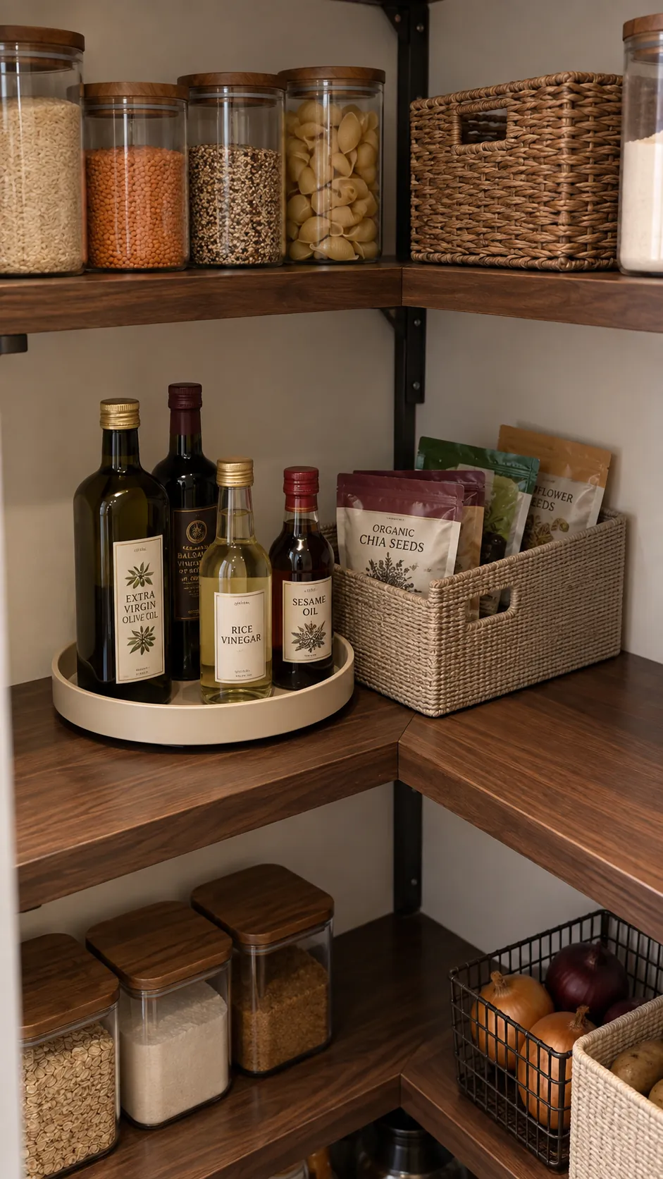 Accessible pantry corner with a removable bin and bottle turntable