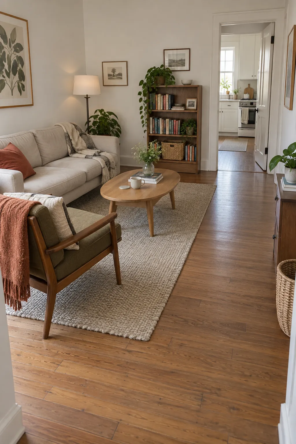 Compact apartment seating arranged beside an unobstructed walking route