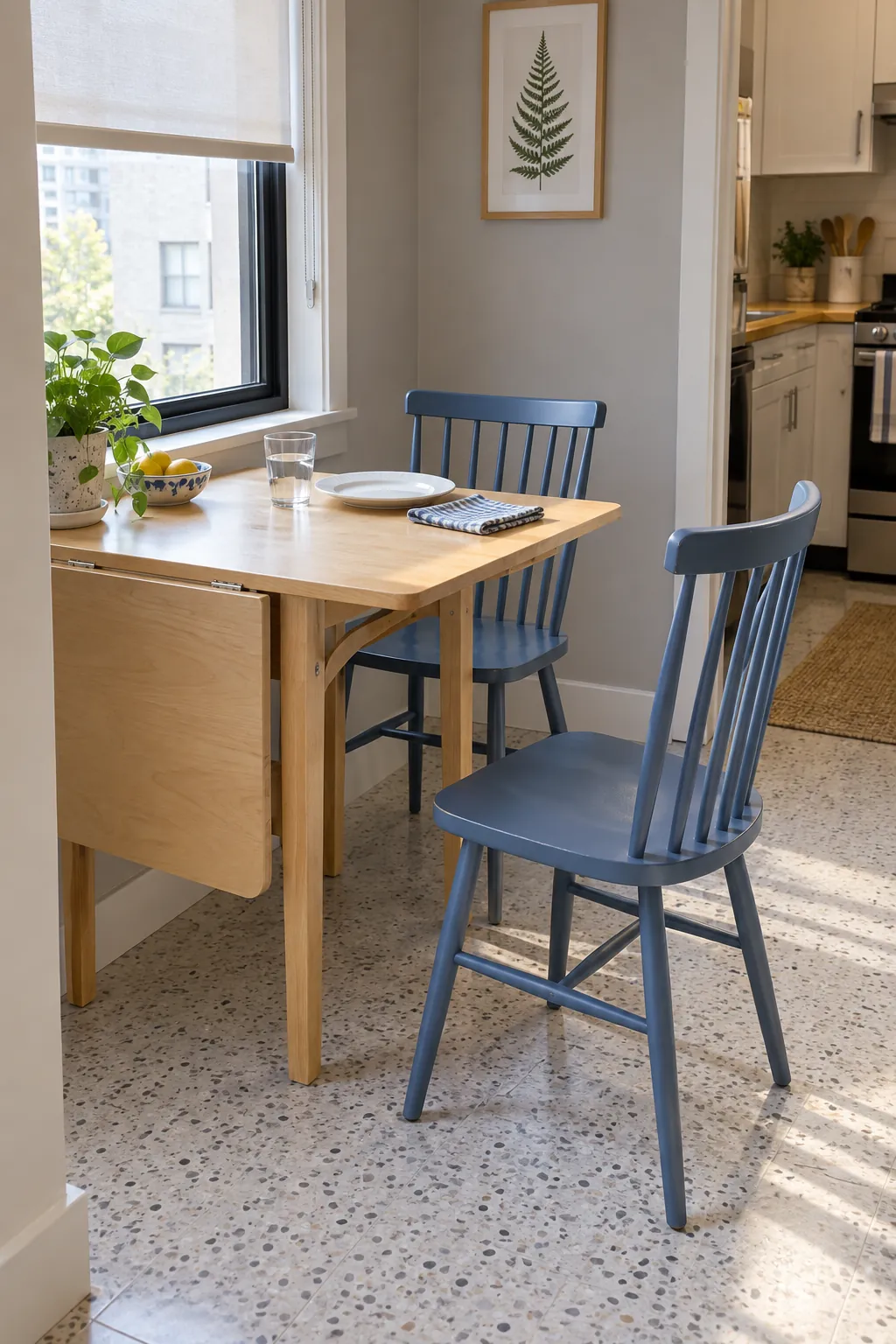 Small drop leaf dining table with usable chair clearance beside an apartment window