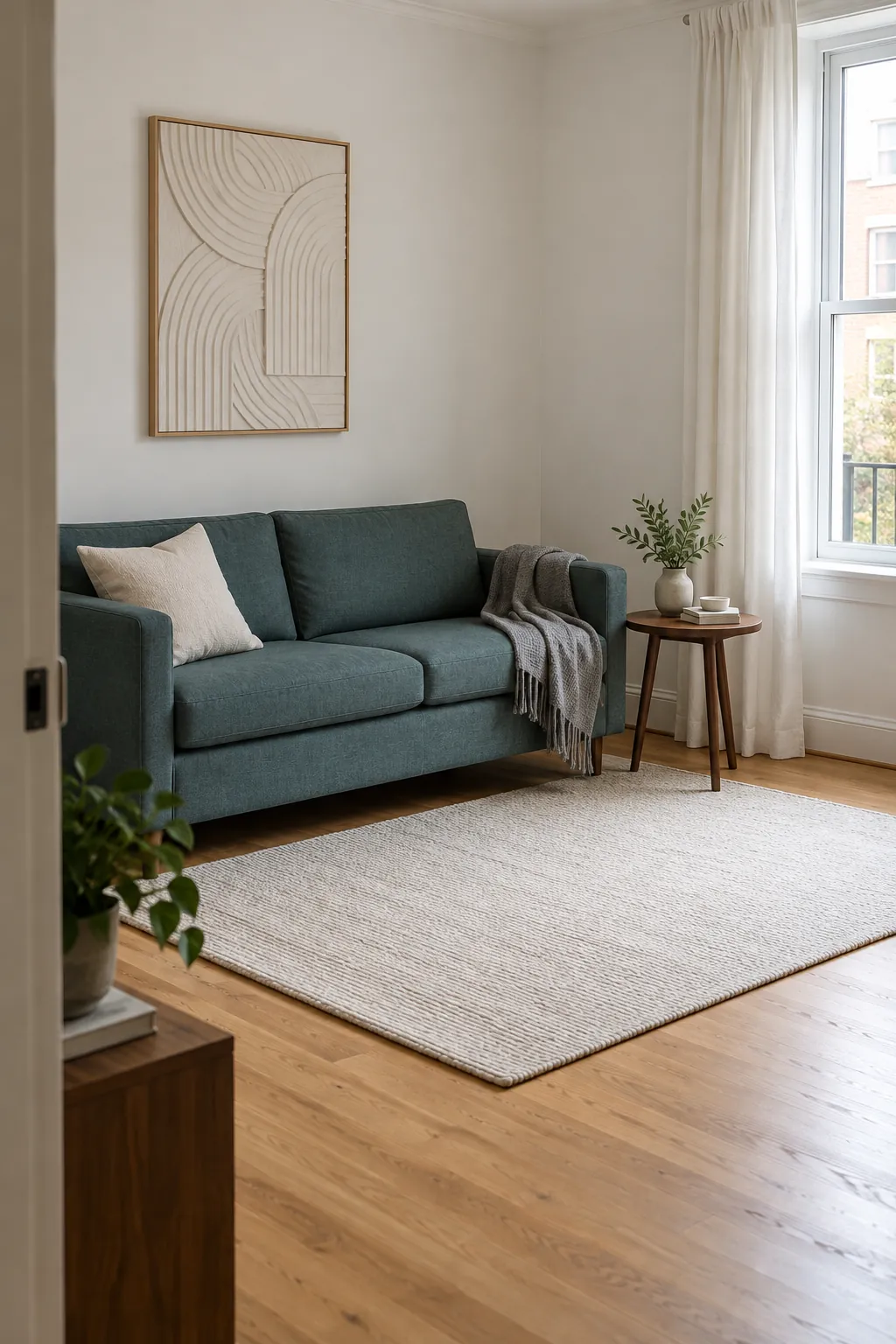 Comfortable small apartment sitting room with teal sofa and personal decor