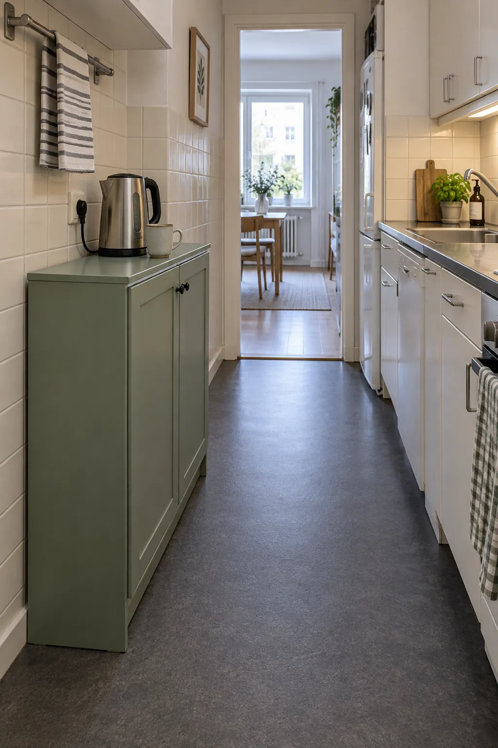 Shallow kitchen storage cabinet with practical counter space and a clear aisle