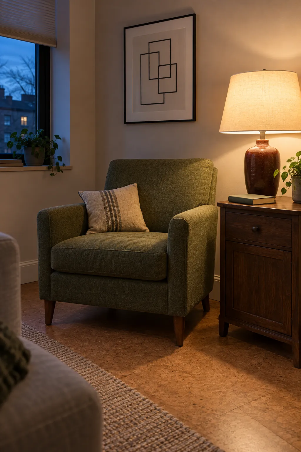 Shaded task lamp illuminating a comfortable apartment reading corner