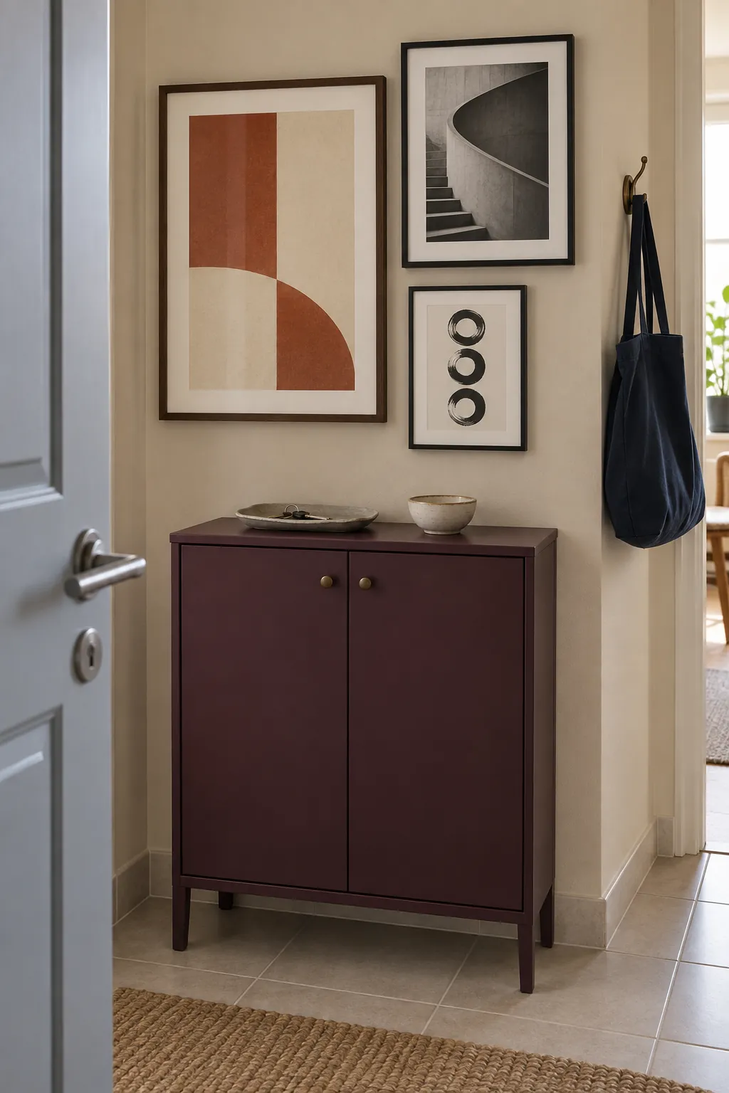 Personal gallery arrangement above a narrow apartment entry cabinet