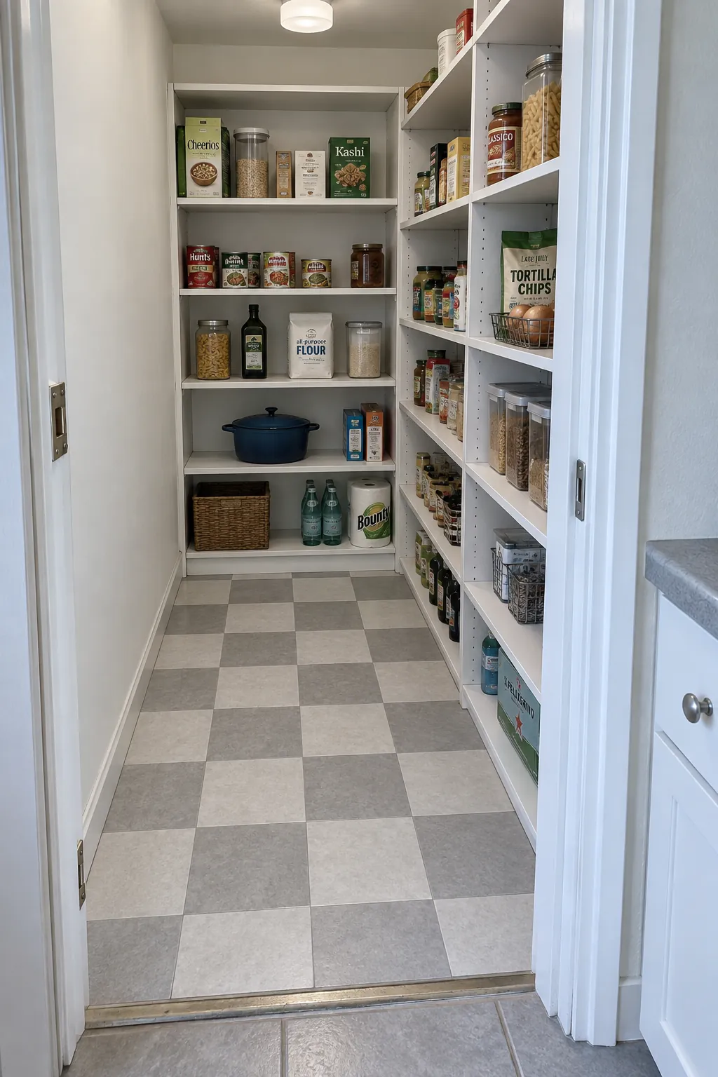 L shaped walk in pantry shelves leaving an open entrance