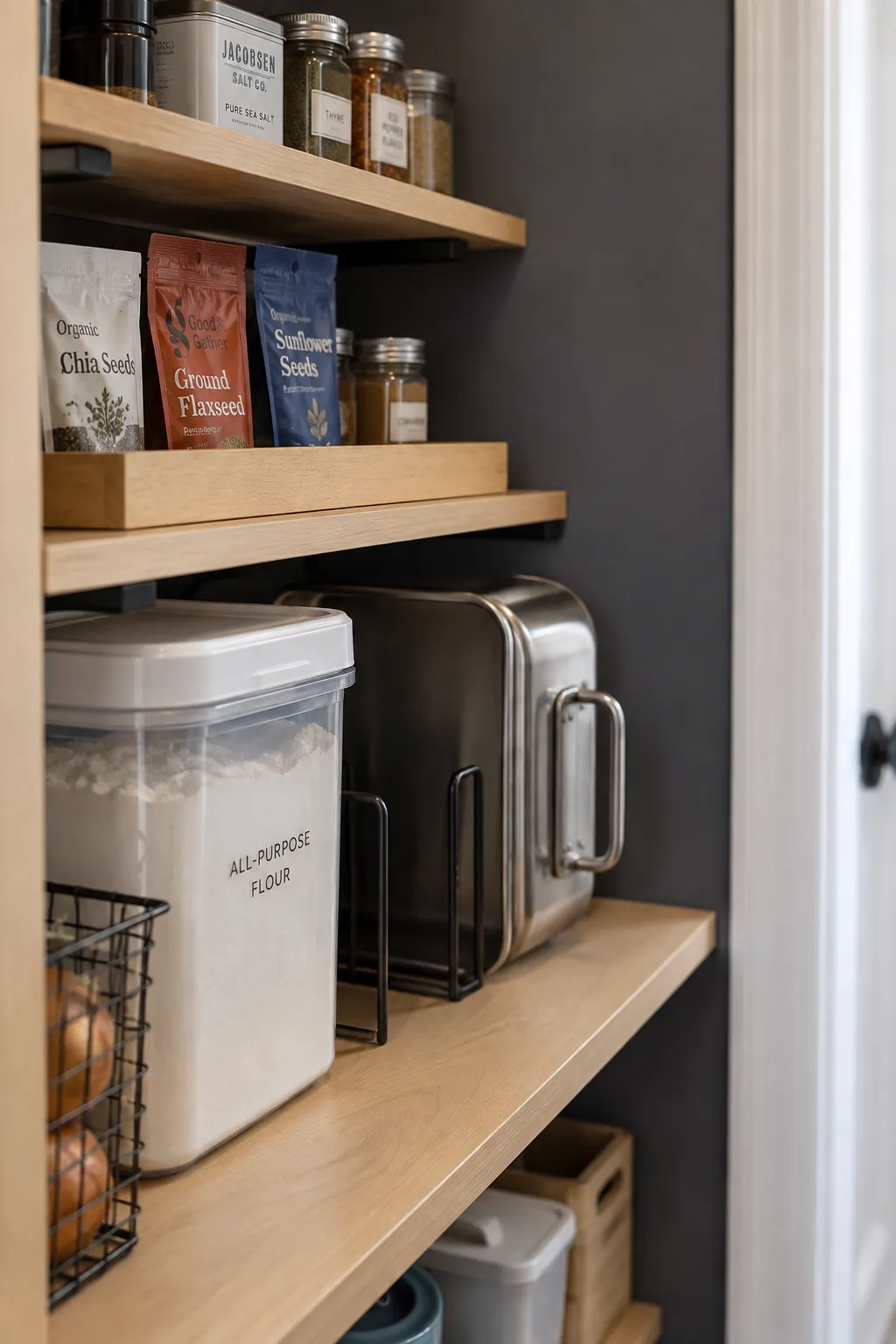 Shallow food shelves above a deeper bulk storage shelf