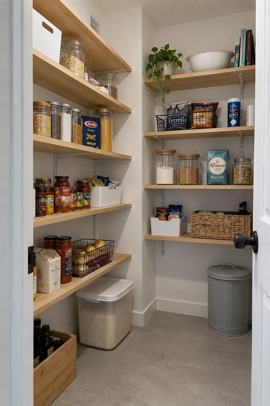 Walk in pantry shelving with visible food and clear floor space