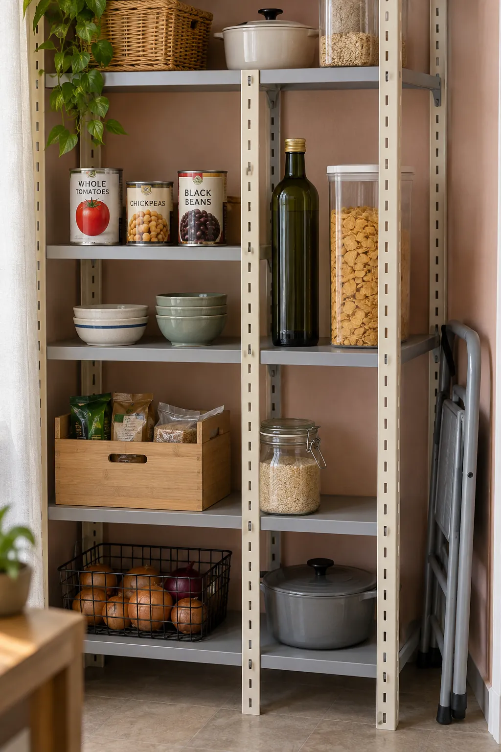 Adjustable pantry shelving with a tall bottle bay and compact food shelves