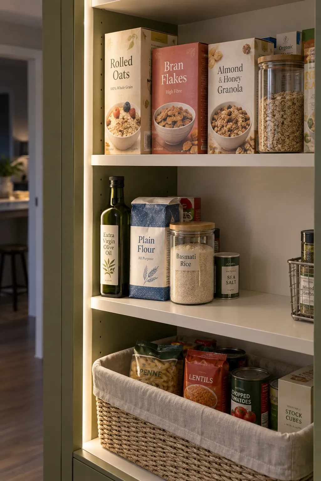 Visible food categories on pantry shelves with practical vertical lighting