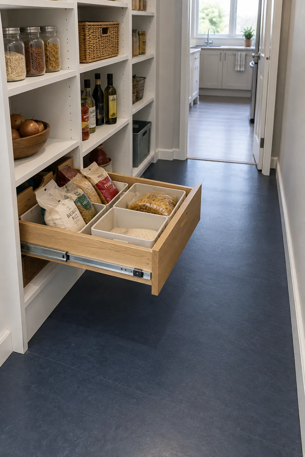 Pantry pullout tray extended into a clear aisle
