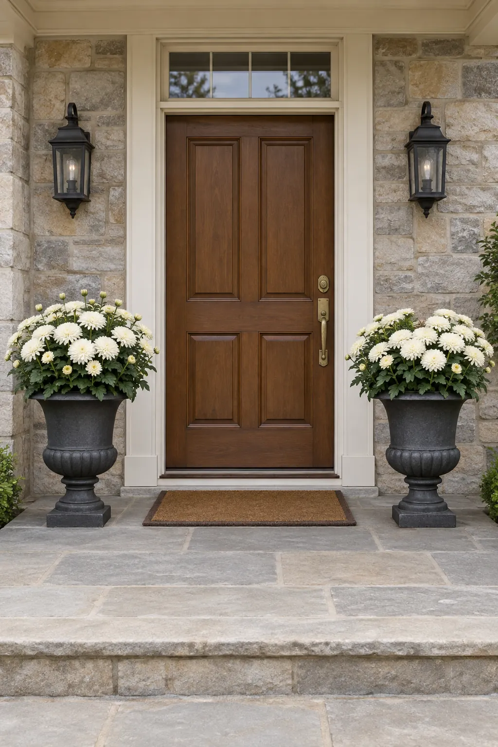 Matching urns for a formal entrance with fall mums on a front porch