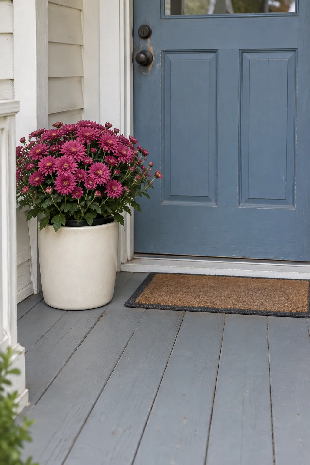 One generous pot beside a small doorway with fall mums on a front porch