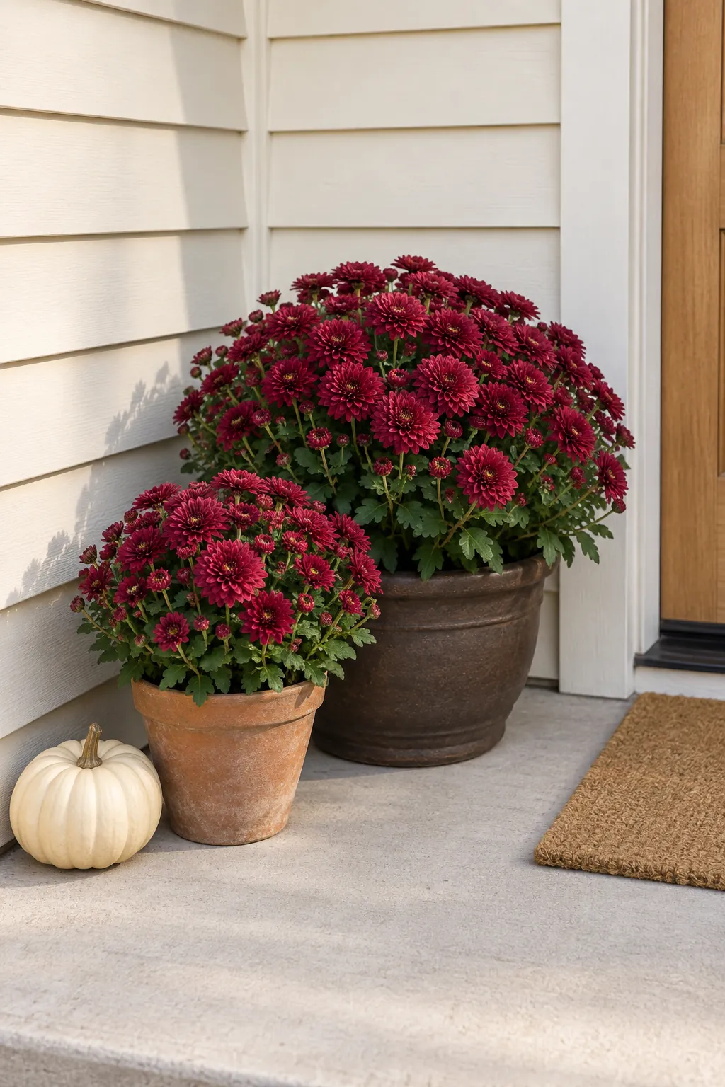A burgundy cluster against pale siding with fall mums on a front porch