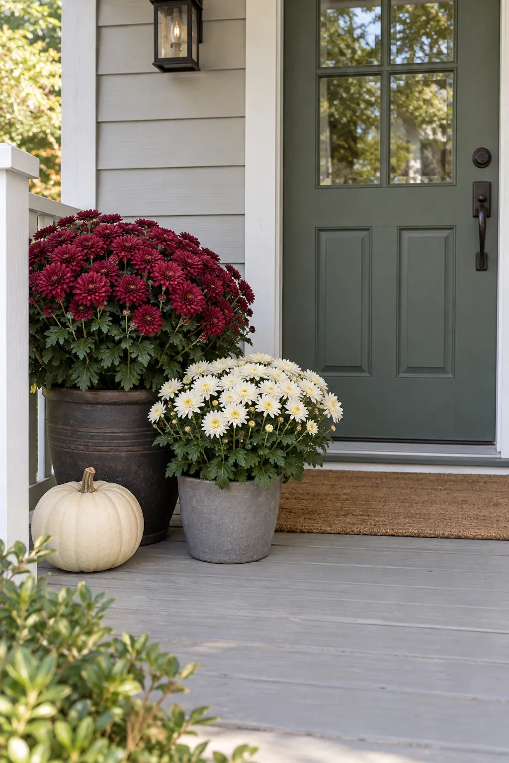 Burgundy and ivory mums beside a clear front porch entrance in autumn