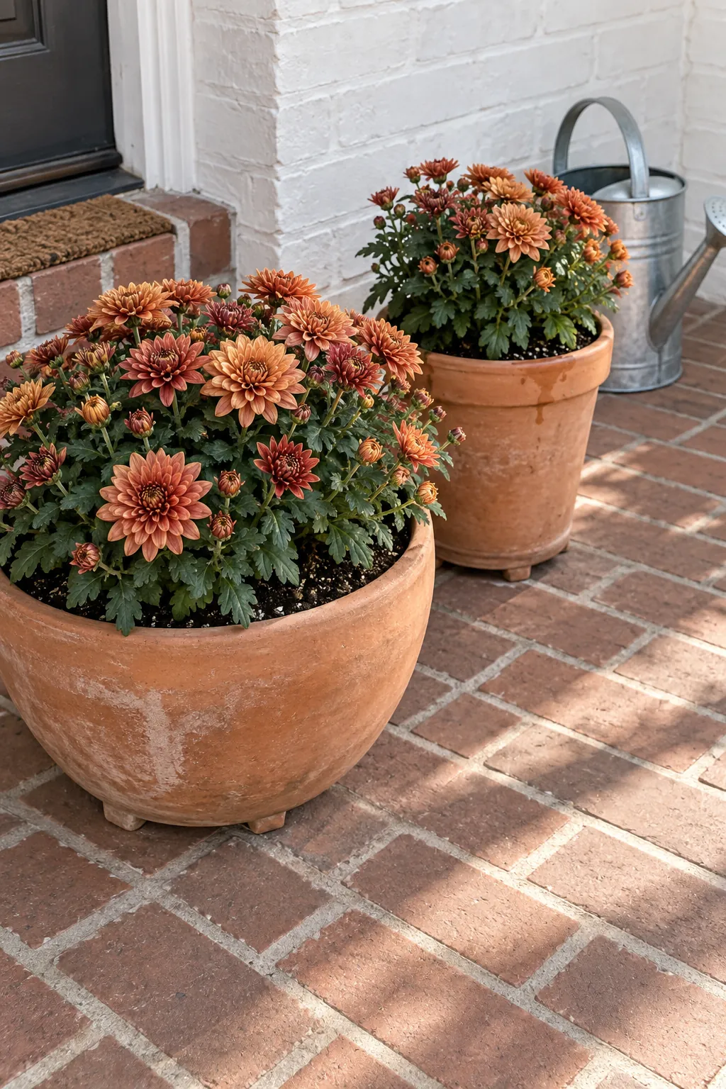 Terracotta pots with copper toned blooms with fall mums on a front porch