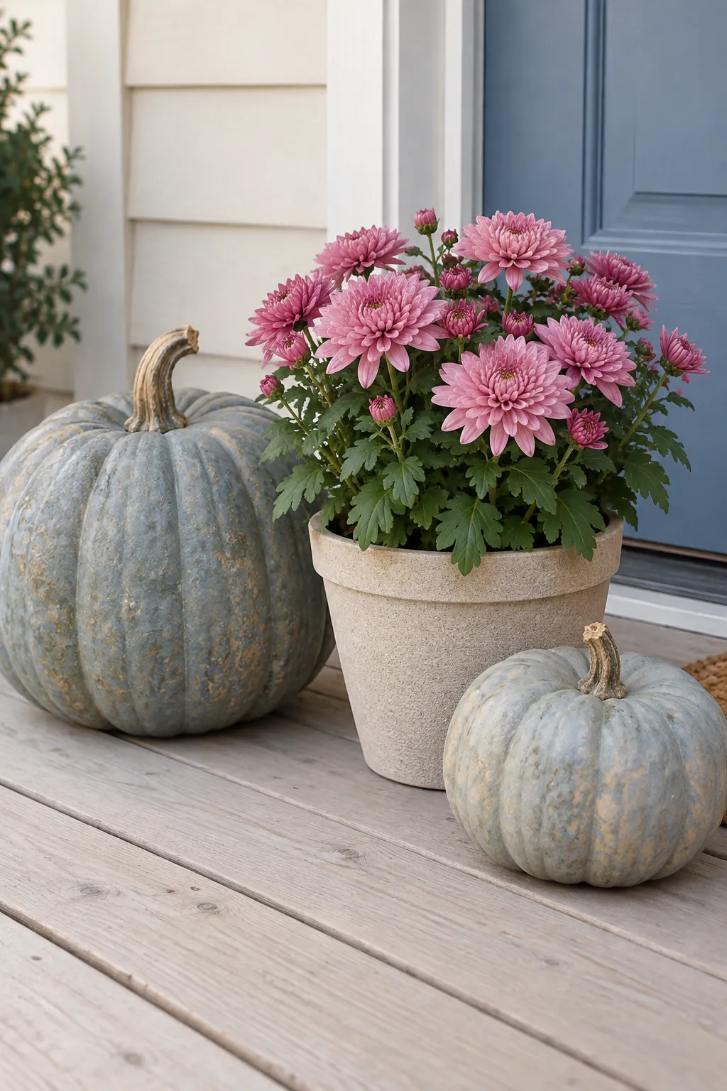 Pink flowers with blue gray pumpkins with fall mums on a front porch