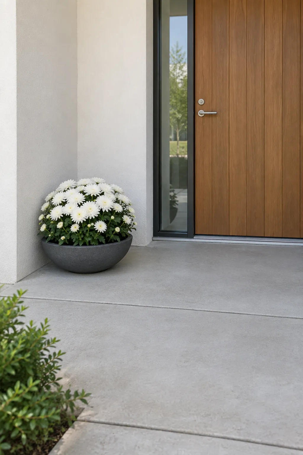A low bowl beside a modern entry with fall mums on a front porch