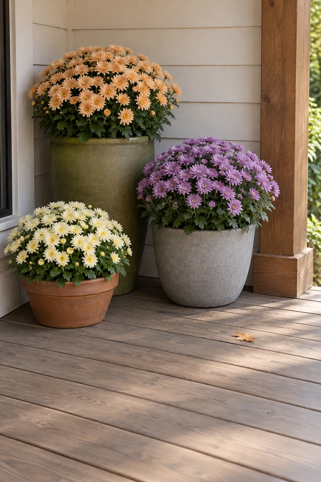 Three heights in a sheltered corner with fall mums on a front porch