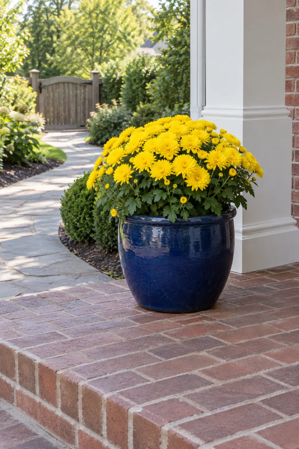 A sunny yellow pot at the gateward edge with fall mums on a front porch