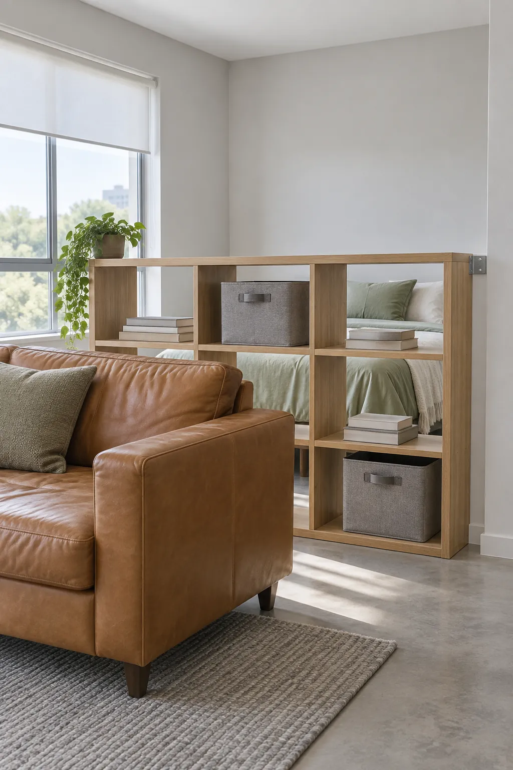 Low open divider marks a studio sleeping zone while allowing daylight through