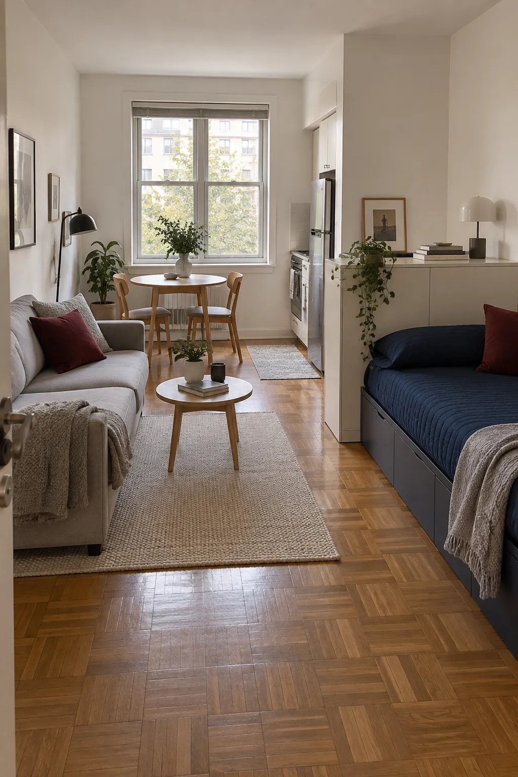 One room apartment with separate sleeping and sitting zones and a clear walking route