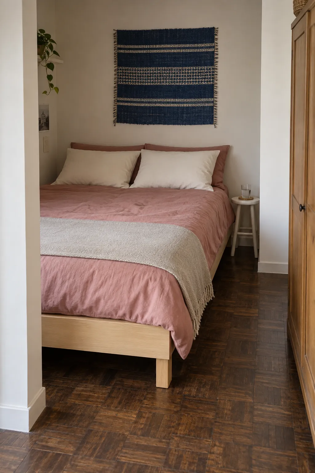 Permanent bed in a shallow studio alcove with access beside the mattress