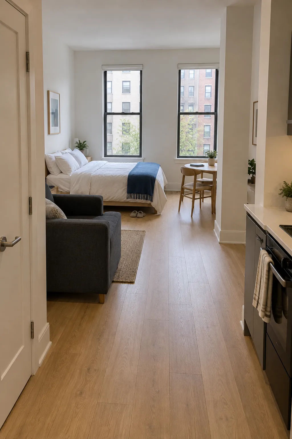 Studio apartment with bed and seating positioned around an open central route