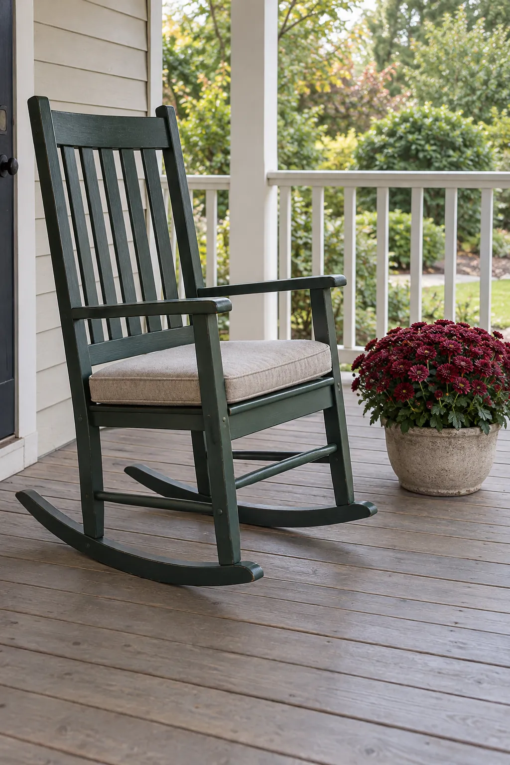 Flowers beside the rocking chair with fall mums on a front porch