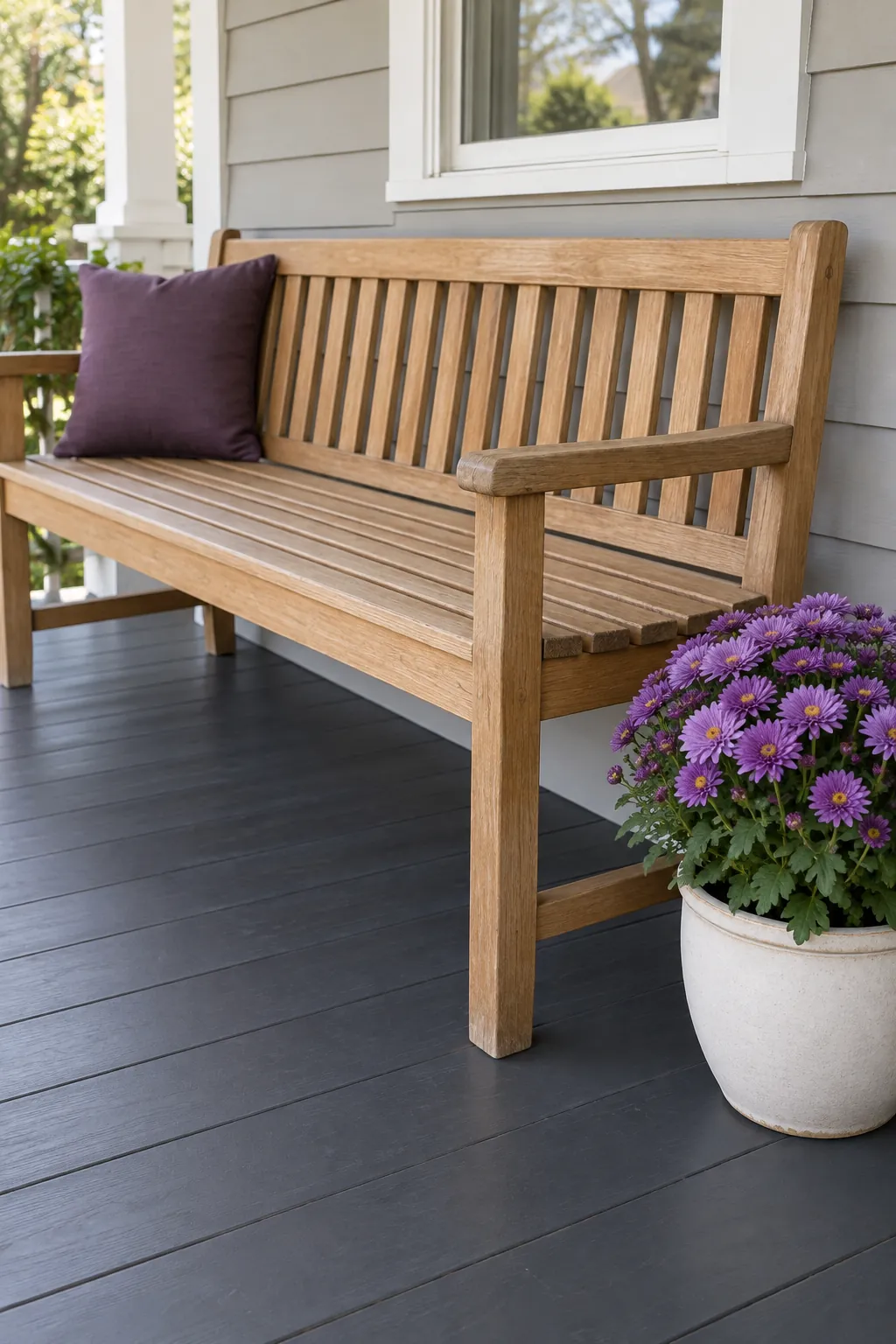 A bench end with a single flower accent with fall mums on a front porch