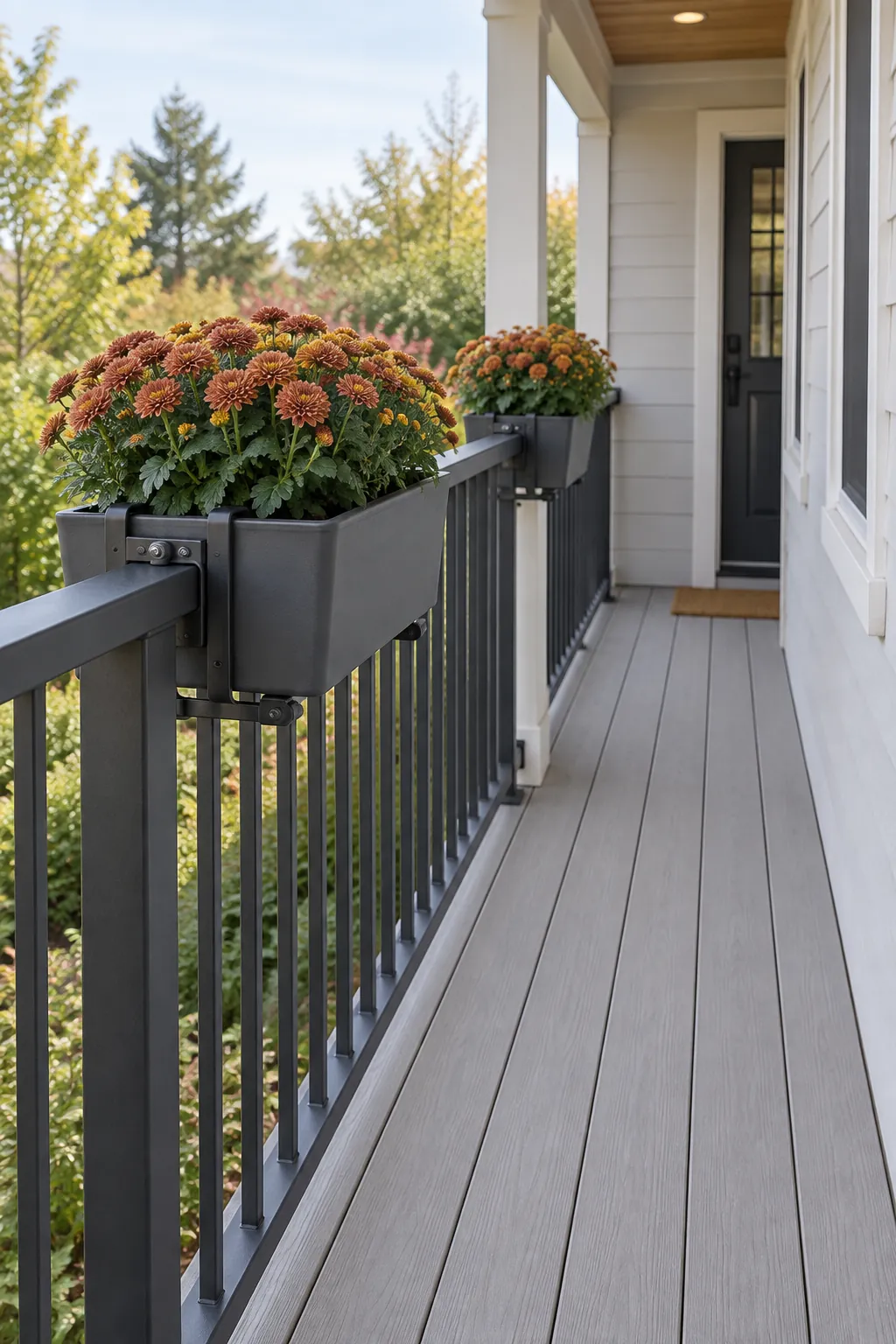 Rail planters for a porch with little floor space with fall mums on a front porch