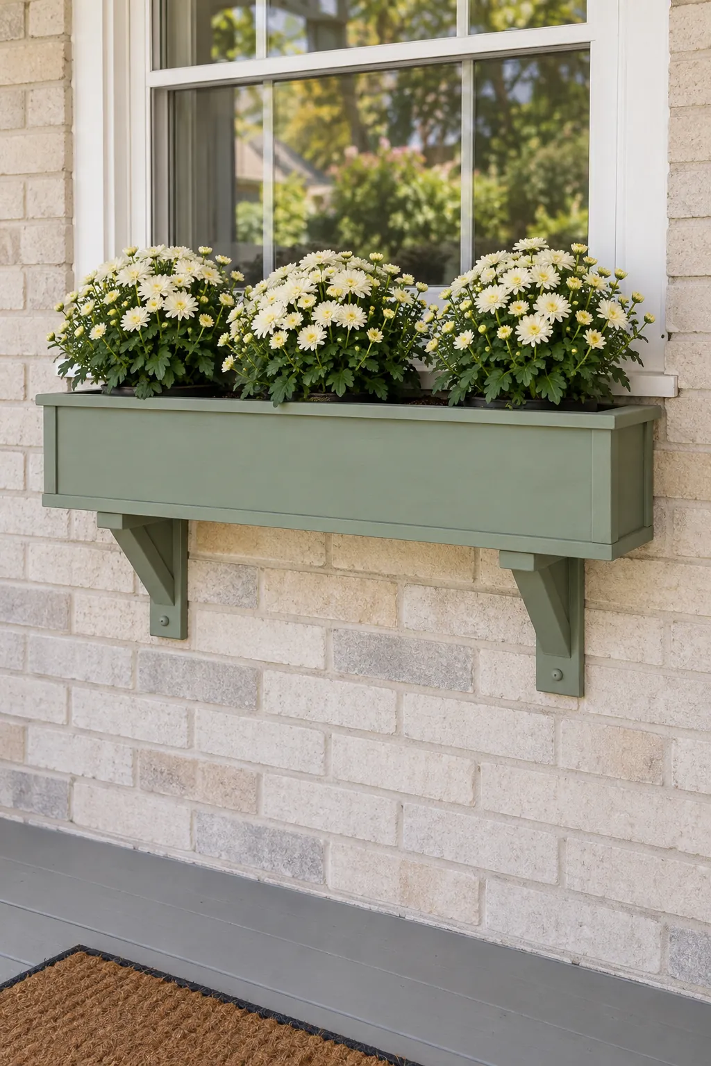 A window box above the porch floor with fall mums on a front porch