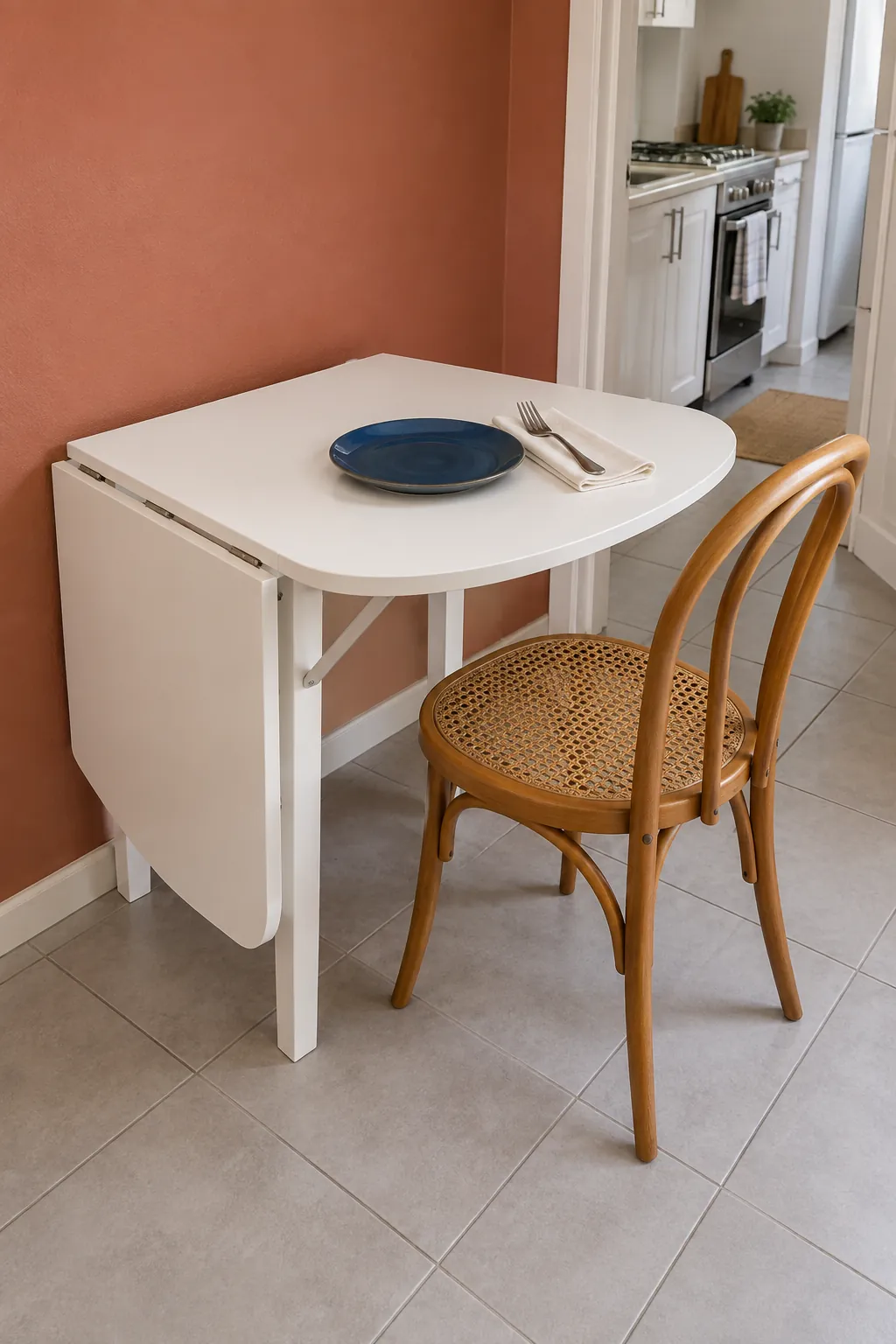 Small folding dining surface with stable support and room for a chair